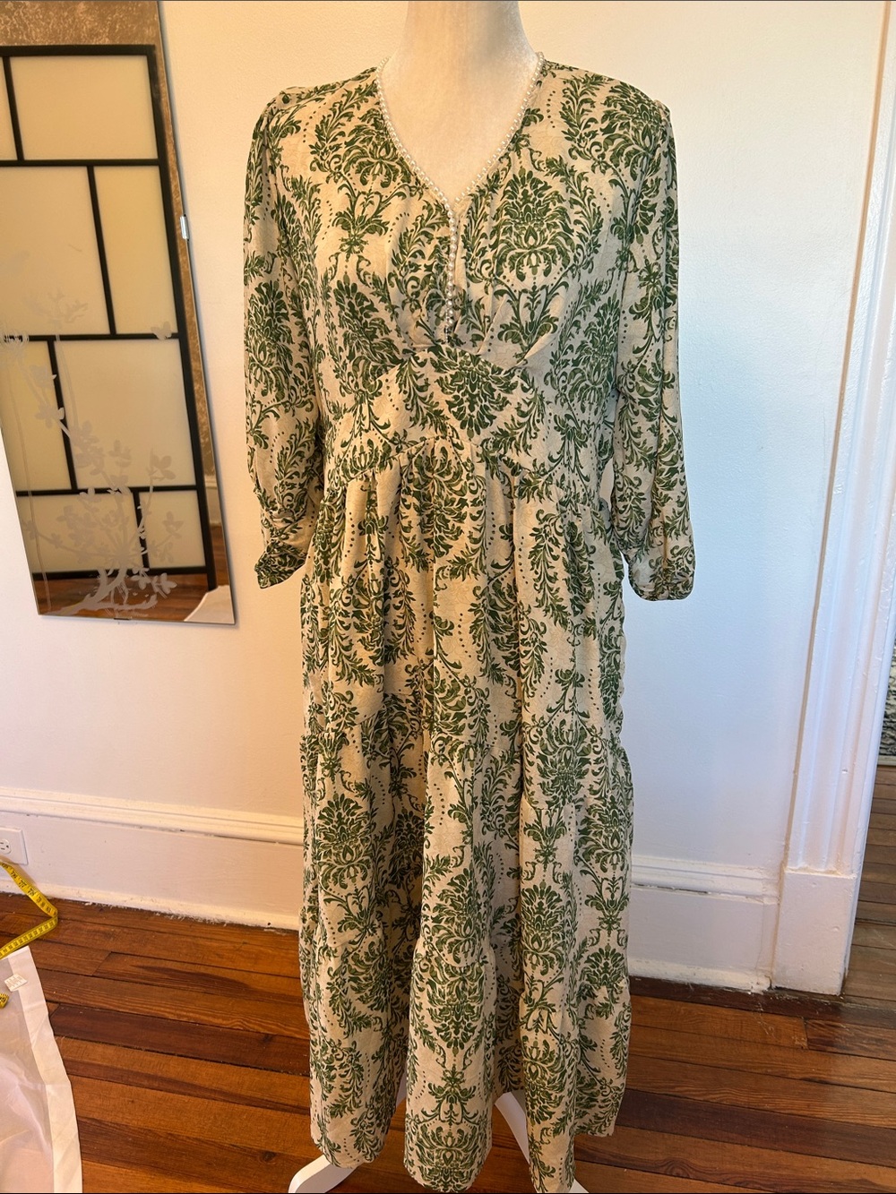 Green Damask Print Maxi Dress for Women